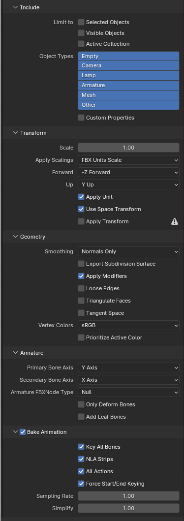 Blender export settings